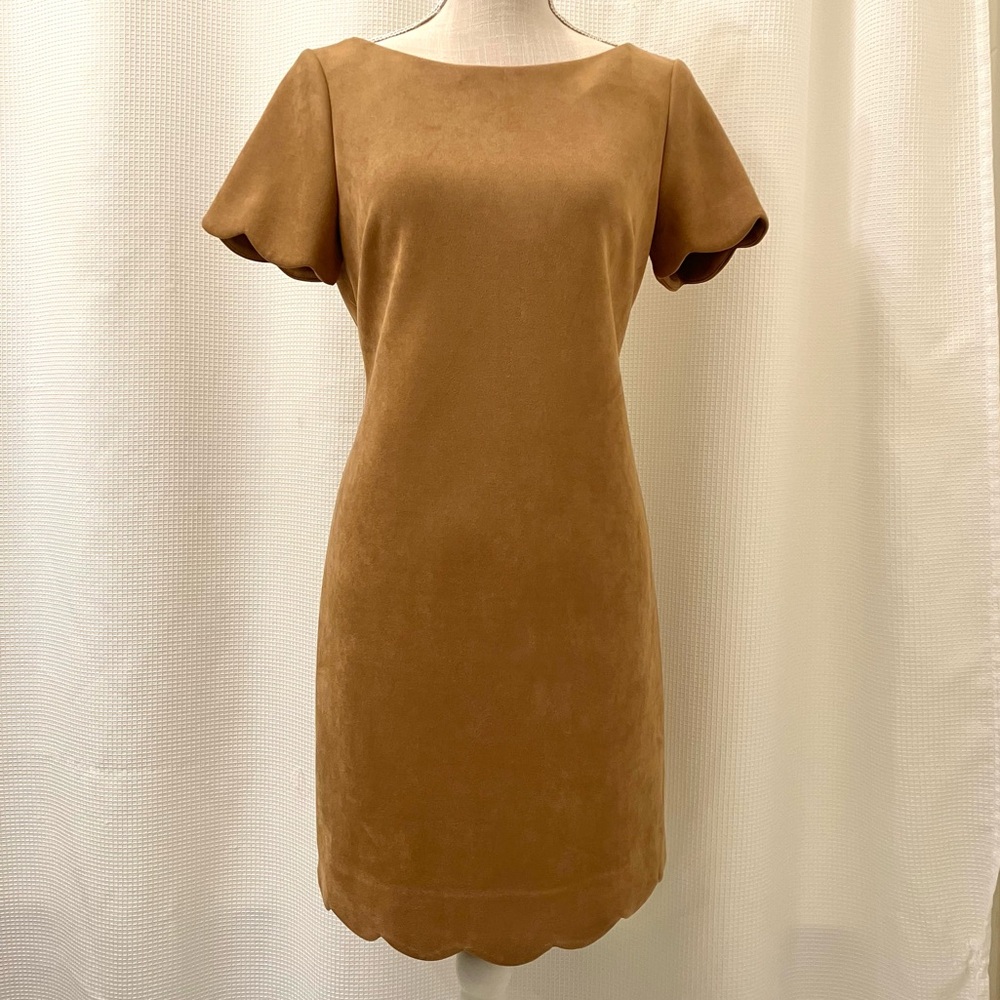 Buttery soft camel/tan dress with scalloped edging, Anne Klein size S